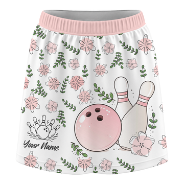 Maxcorners Customized Bowling Trouser Skirts With Shorts Underneath, Bowling Pink Floral White Pastel With Pockets