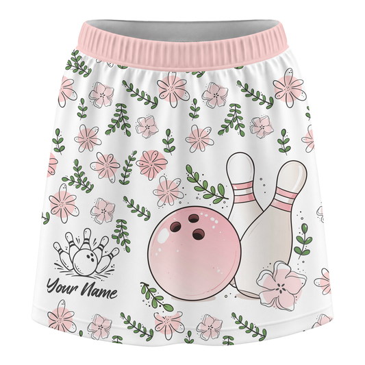 Maxcorners Customized Bowling Trouser Skirts With Shorts Underneath, Bowling Pink Floral White Pastel With Pockets