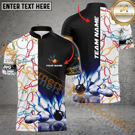 Maxcorners Black and White Light Bowling Jersey Customized Name, Team Name 3D Polo Shirt