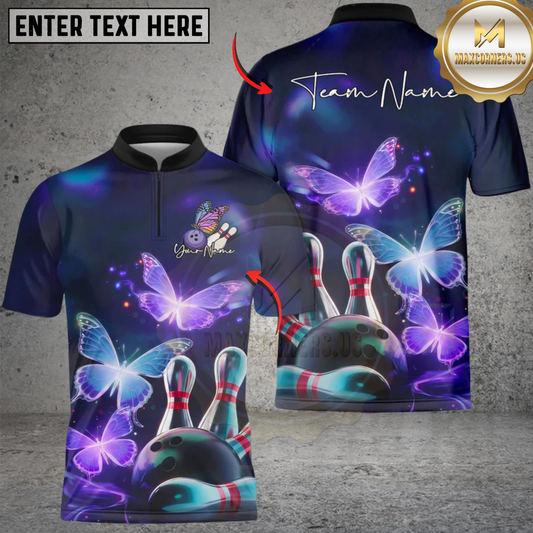 Maxcorners Bowling Neon Butterfly Personalized Name, Team Name 3D Shirt 1
