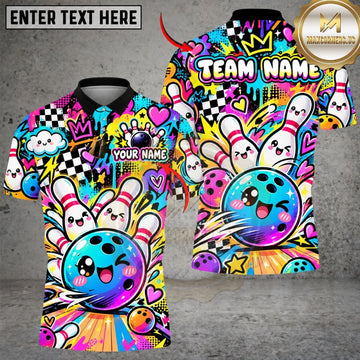 Maxcorners Bowling Cute Cartoon Mascot Stars Cheerful Pins Graffiti Pattern Graphic Customized Name, Team Name 3D Shirts