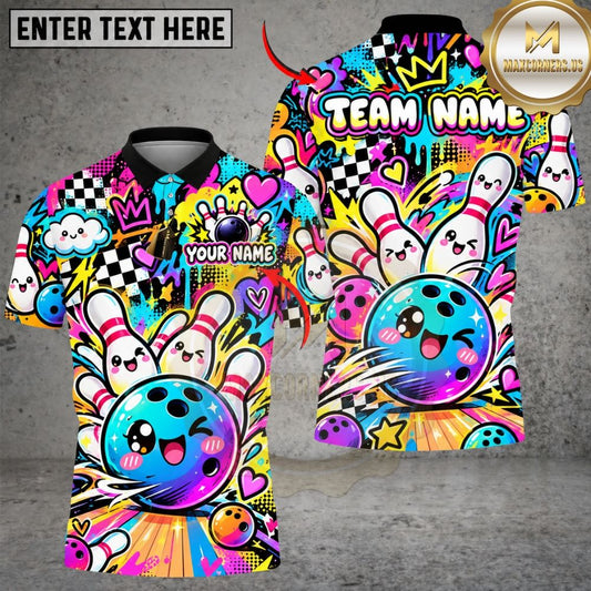 Maxcorners Bowling Cute Cartoon Mascot Stars Cheerful Pins Graffiti Pattern Graphic Customized Name, Team Name 3D Shirts