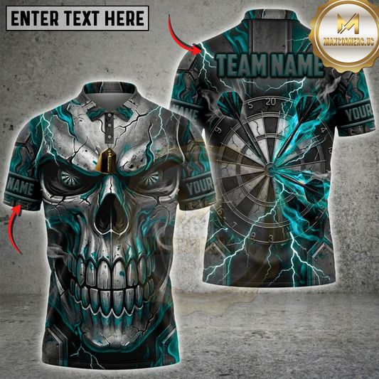 Maxcorners Darts Electric Blue Steel Skull Lightning Dartboard Multicolor Customized Name, Team Name 3D Shirts ( 4 Colors )