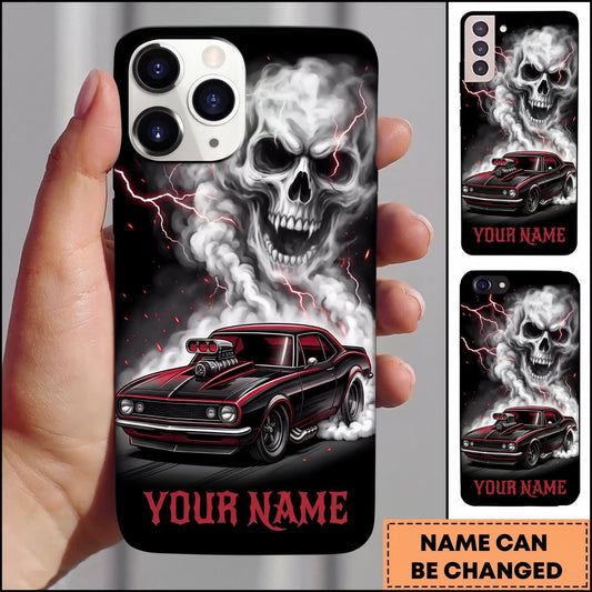Maxcorners Classic Muscle Car Burgundy Vintage Car with Silver Skull and Dark Smoke Personalized Name 3D Phone Case