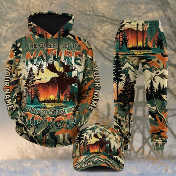 Maxcorners Hunting Deer Campfire Forest Sunset Camo Personalized 3D Combo Hoodie, Sweatpants Set & Cap