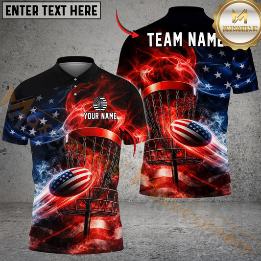 Maxcorners Patriotic Fire Disc Golf Polo Customized Name, Team Name 3D Shirts