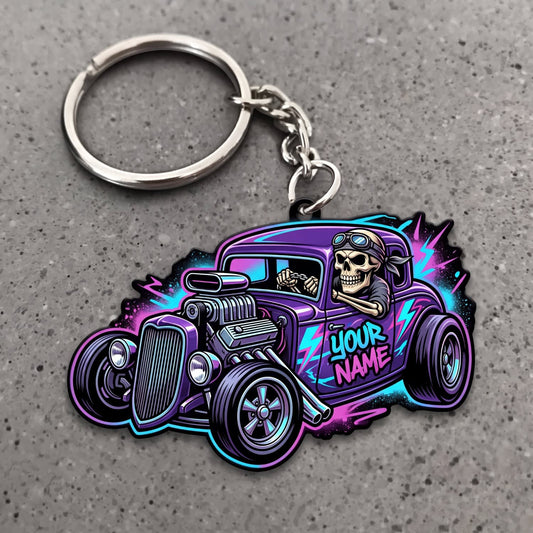 Maxcorners Hot Rod Purple Vintage Roadster with Neon Flames and Skull Driver Personalized Name 3D Keychain And Ornament
