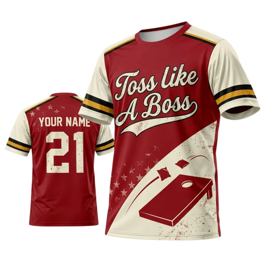 Maxcorners Cornhole Toss Like A Boss Red Cream Vintage Personalized Name 3D Unisex Shirt