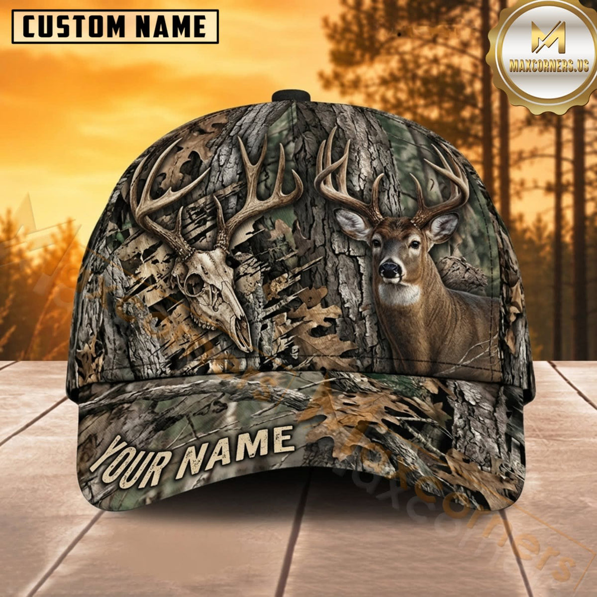 Maxcorners Deer Hunting Whitetail Buck Buck and Skull Split Forest Camo Customized Name 3D Cap