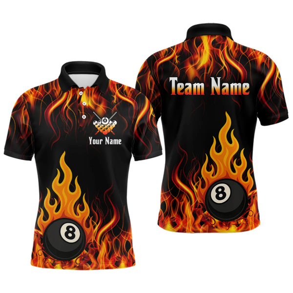 Maxcorners Orange 8 Ball Flame Fire Billiard Shirts For Men Custom Polo & 1/4 Zip Billiard Team Jerseys LM1605
