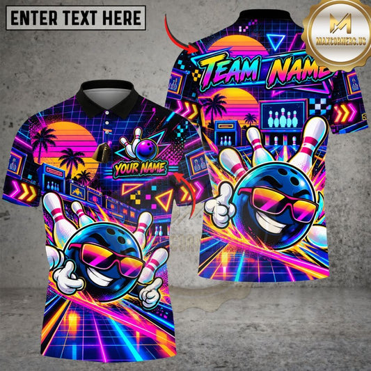Maxcorners Bowling Synthwave Retro Alley Mascot Sunset Grid Flying Pins Graphic Customized Name, Team Name 3D Shirts
