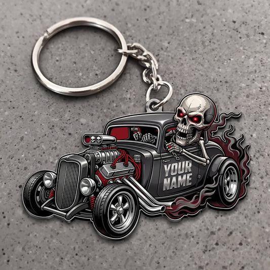 Maxcorners Hot Rod Matte Black Vintage Roadster with Skull Driver and Dark Smoke Personalized Name 3D Keychain And Ornament