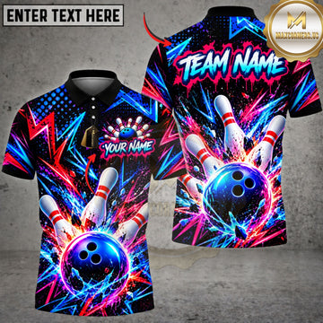 Maxcorners Bowling Ball & Neon Pin Explosion Graphic Customized Name, Team Name 3D Shirts