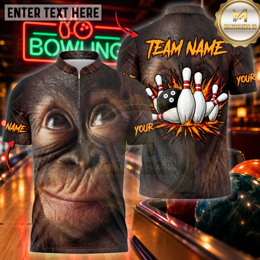 Maxcorners Bowling Chimpanzee Face Pins Explosion Graphic Customized Name, Team Name 3D Shirts
