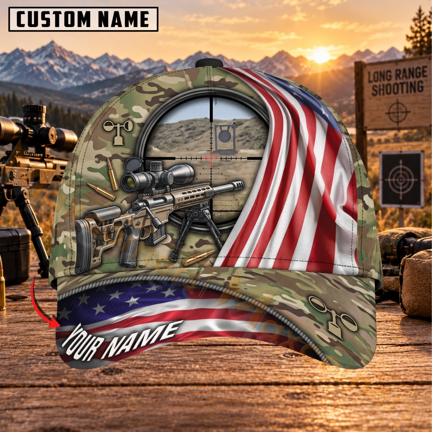Maxcorners Long Range Shooting Olive Camo Patriotic Rifle Personalized Name 3D Cap