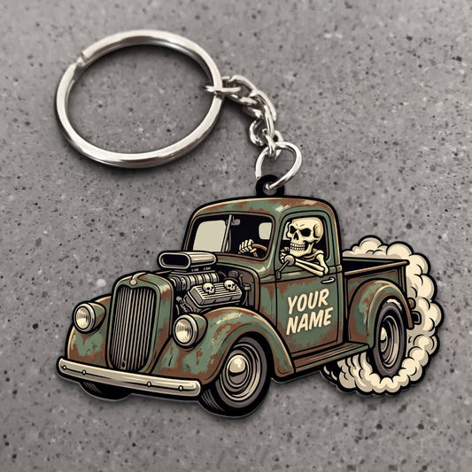Maxcorners Hot Rod Olive Green Vintage Pickup Truck with Skull Driver and White Tire Smoke Personalized Name 3D Keychain And Ornament