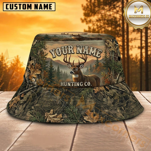 Maxcorners Deer Hunting Vintage Autumn Forest Personalized Name 3D Bucket Hat