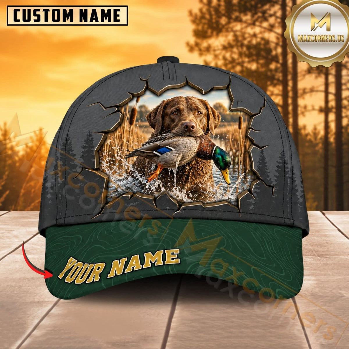 Maxcorners Dog Hunting And Duck Cracked Wall Forest Green Brim Personalized Name 3D Cap