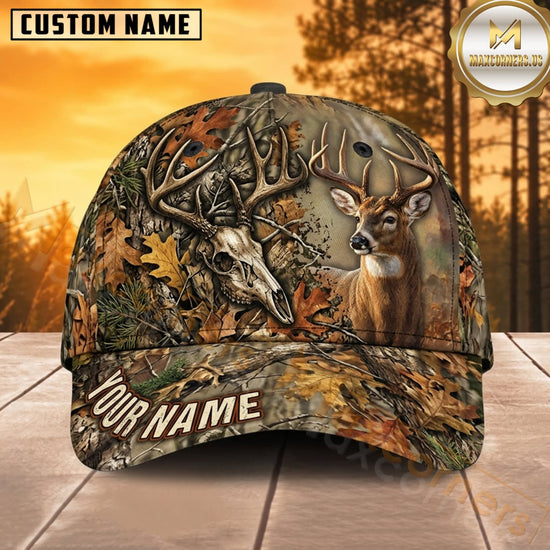 Maxcorners Deer Hunting Whitetail Buck Buck and Skull Rustic Oak Leaf Camo Customized Name 3D Cap
