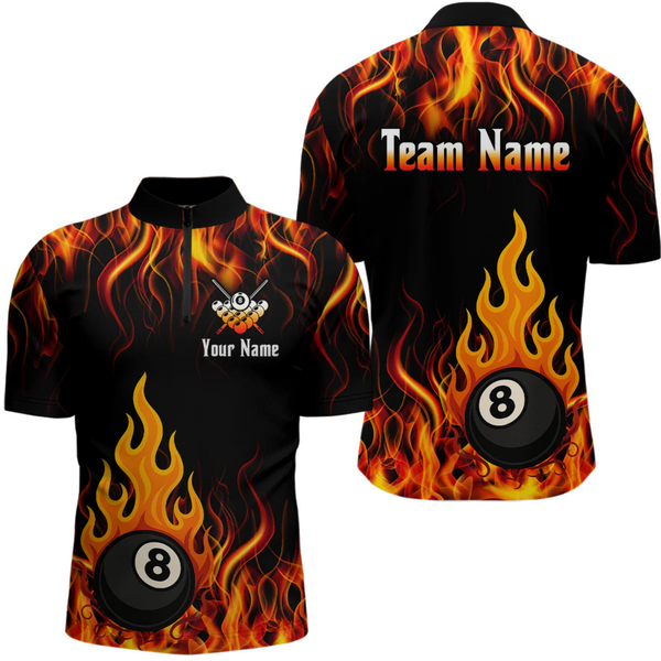 Maxcorners Orange 8 Ball Flame Fire Billiard Shirts For Men Custom Polo & 1/4 Zip Billiard Team Jerseys LM1605