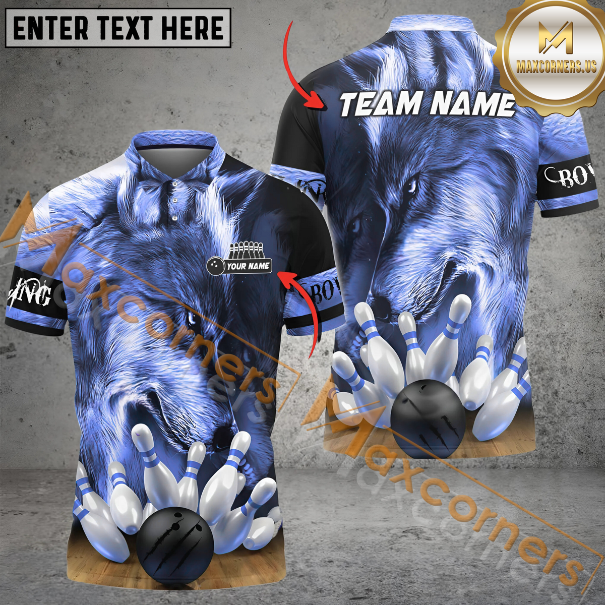 Maxcorners Alpha Wolf Bowling Jersey Multicolor Option Customized Name, Team Name 3D Polo Shirt