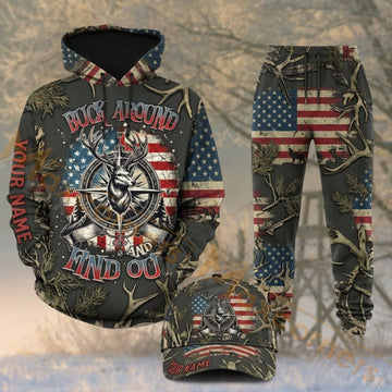 Maxcorners Hunting Patriotic Deer Antlers American Flag Camo Personalized 3D Combo Hoodie, Sweatpants Set & Cap
