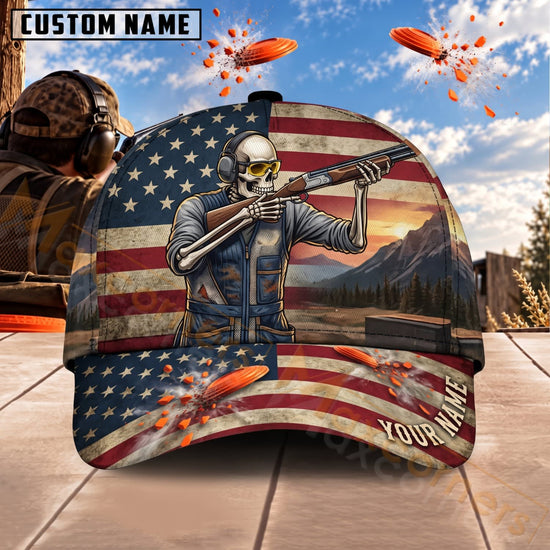 Maxcorners Trap & Skeet Shooting American Flag Skeleton Shooter Personalized Name 3D Cap