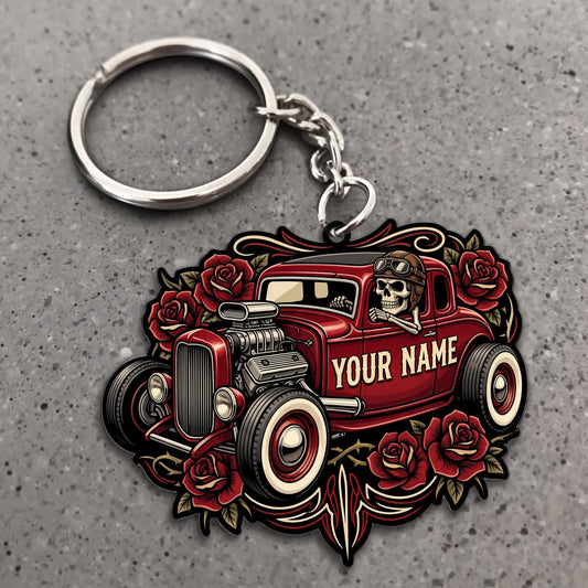 Maxcorners Hot Rod Red Vintage Roadster with Skull Driver and Gothic Rose Frame Personalized Name 3D Keychain And Ornament