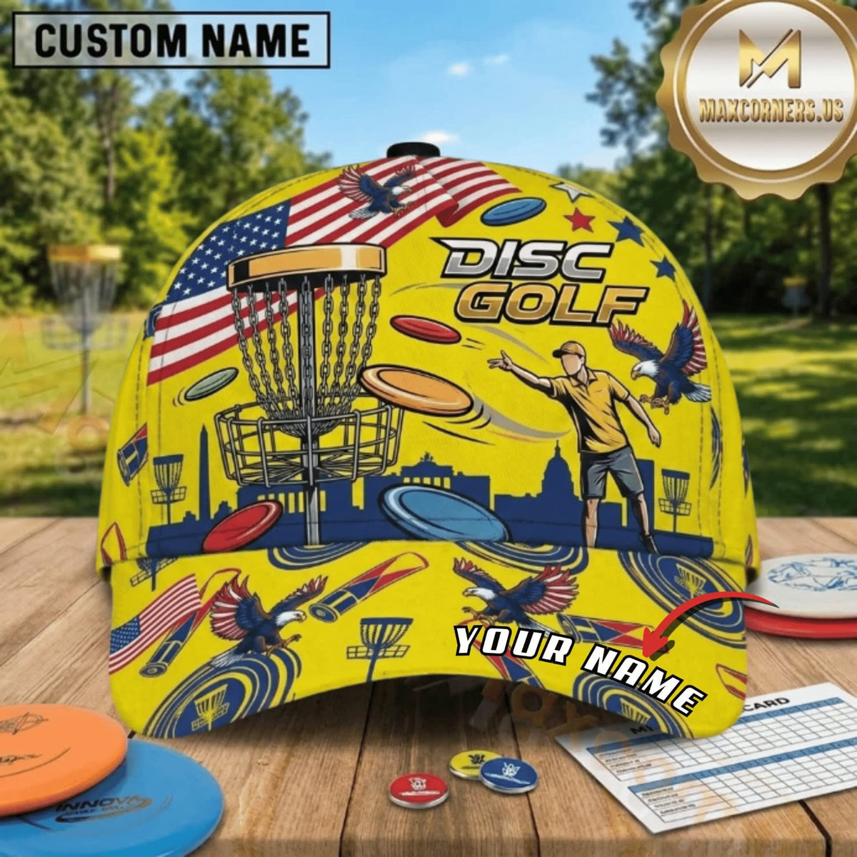 (3 Colors) Maxcorners Disc Golf American Flag Player & Chain Basket Personalized Name 3D Cap LM3009