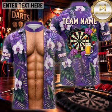 Maxcorners Darts Funny Muscular Body Purple Floral Jacket Golden Dartboard Personalized Name 3D Unisex Shirt
