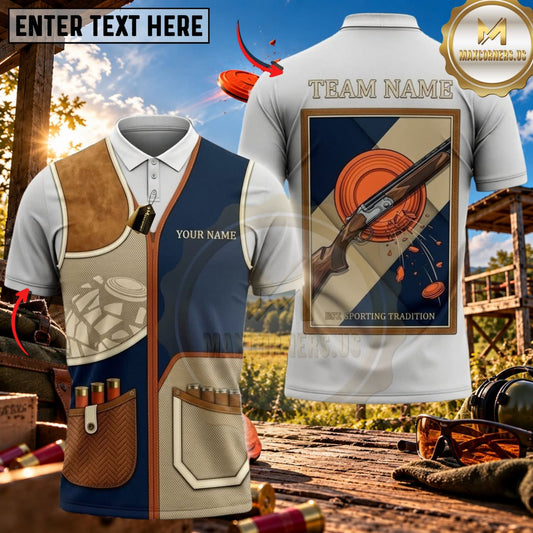 Maxcorners Clay Shooting Vintage Patchwork Shotgun Target Multicolor Customized Name Team Name 3D Shirts (4 Colors)