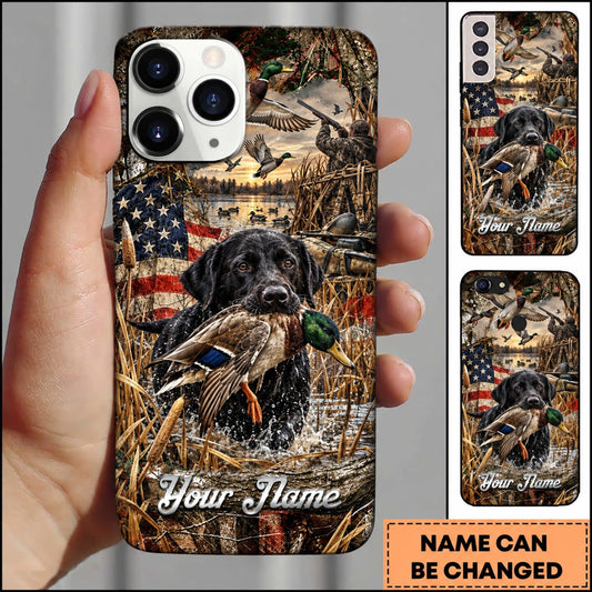 Maxcorners Duck Hunting Yellow Labrador Retriever American Flag Sunset Personalized Name 3D Phone Case - Black Labrador Retriever - Mallard