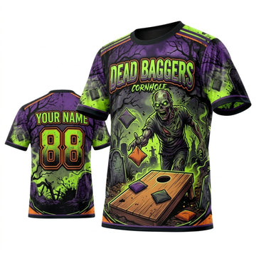 Maxcorners Cornhole Dead Baggers Neon Purple Skull Personalized Name 3D Unisex Shirt