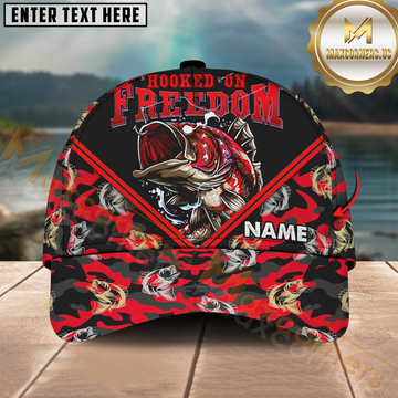 Maxcorners Bass Fishing Hooked On Freedom Camo Design Personalized Name 3D Cap
