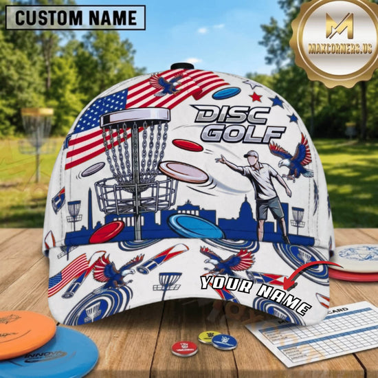 (3 Colors) Maxcorners Disc Golf American Flag Player & Chain Basket Personalized Name 3D Cap LM3009