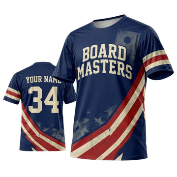 Maxcorners Cornhole Board Masters Navy Red Cream Retro Stripes Personalized Name 3D Unisex Shirt