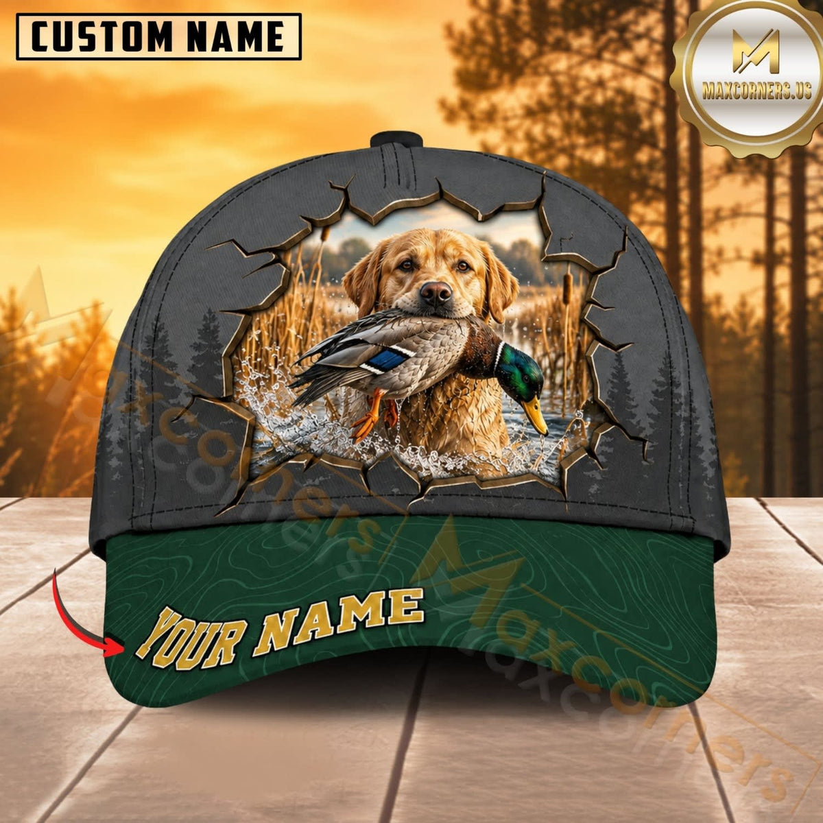 Maxcorners Dog Hunting And Duck Cracked Wall Forest Green Brim Personalized Name 3D Cap