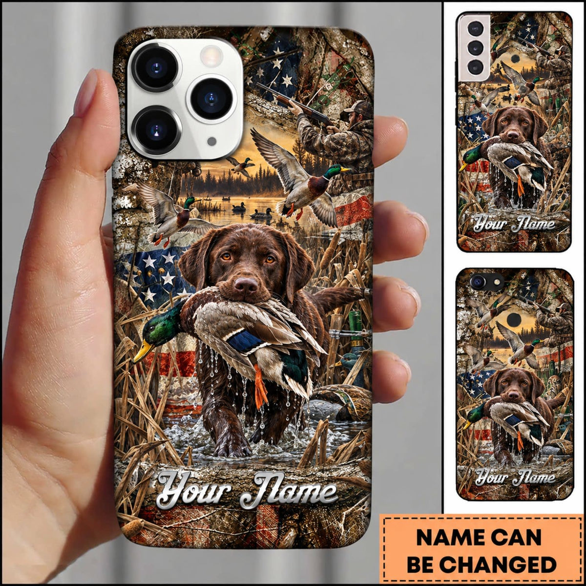 Maxcorners Duck Hunting Yellow Labrador Retriever American Flag Sunset Personalized Name 3D Phone Case - Chocolate Labrador Retriever