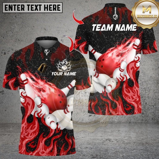 Maxcorners Flaming Bowling Pins Design Multicolor Customized Name, Team Name 3D Shirts