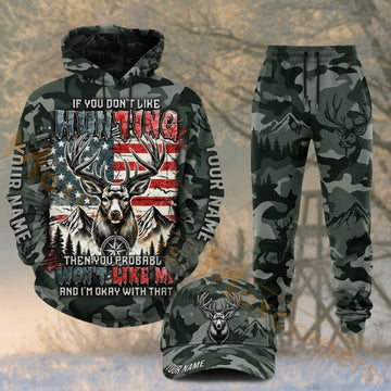 Maxcorners Hunting Deer Skull American Flag Woodland Camo Personalized 3D Combo Hoodie, Sweatpants Set & Cap