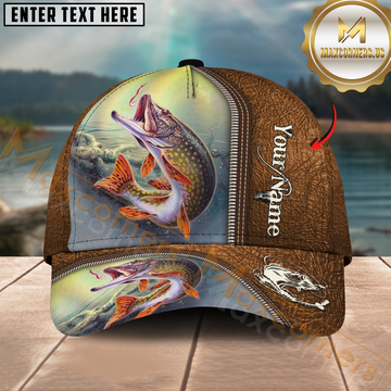 Maxcorners Northern Pike Fishing Brown Leather Texture Design Personalized Name 3D Cap