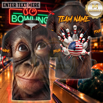 Maxcorners Bowling Expressive Monkey Face Pin Strike Top Customized Name, Team Name 3D Shirts