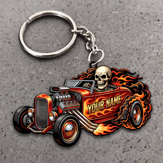 Maxcorners Hot Rod Black Orange Vintage Roadster with Flaming Skull and Fire Trail Personalized Name 3D Keychain And Ornament
