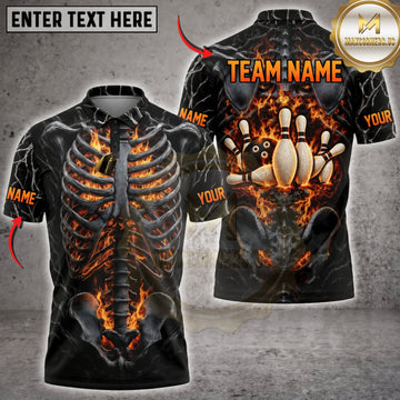 Maxcorners Bowling Dark Skeleton Gold Bowling Ball Flame Personalized Name 3D Unisex Shirt