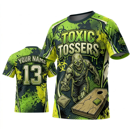 Maxcorners Cornhole Toxic Tossers Radioactive Skull Personalized Name 3D Unisex Shirt