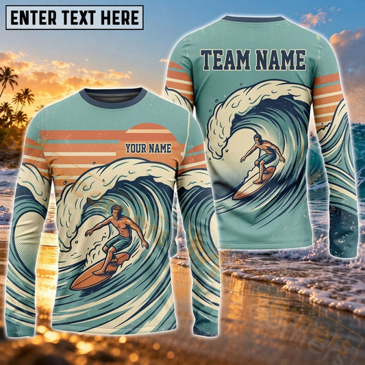 Maxcorners Surfing Wave Graphic & Vintage Tropical Ocean Art Customized Name, Team Name 3D Long Sleeve Shirt