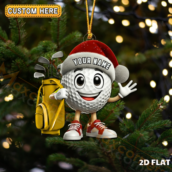 Maxcorners Cute Golf Ball Character Santa Hat Yellow Golf Bag Personalized Name Christmas Ornament 2D Flat