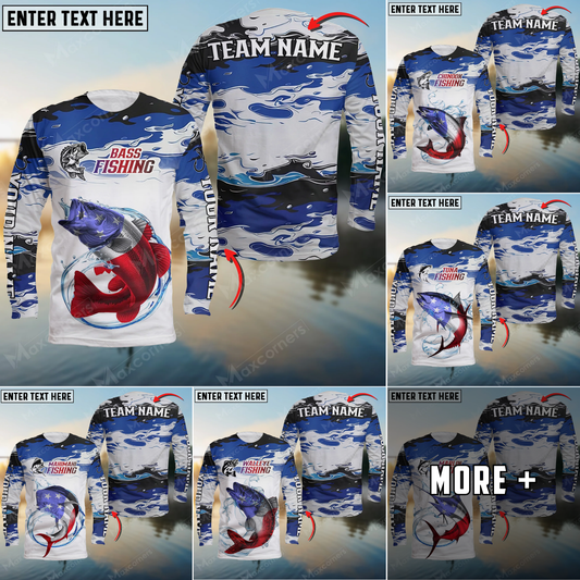 Maxcorners Fishing USA Flag Pattern Personalized Name Team Name 3D Shirts (6 Fish Species)