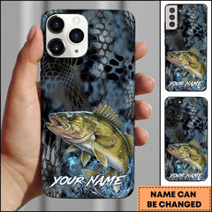 Maxcorners Walleye Fishing Phone Case  Dark Hexagon Texture Smoke Blue Art Personalized Name Phone Case