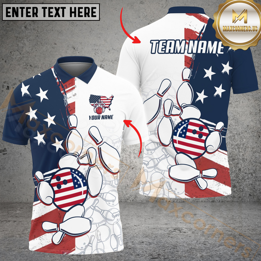 Maxcorners Bowling USA Flag Ball and Pins Patriotic Customized Name, Team Name 3D Unisex Shirt